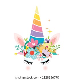 Vector Illustration of a Magical Unicorn Cartoon with flower decorations.