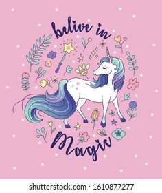 Vector illustration of a magical unicorn with flowers background and text "Believe in Magic"