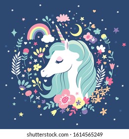 Vector illustration of a magical unicorn with flowers background.	