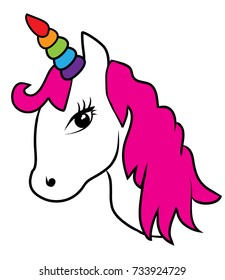 vector illustration of a magical unicorn head with rainbow horn isolated on white background. magic cartoon animal.