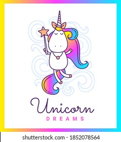Vector illustration of magical unicorn with magic wand and rainbow color mane on white background