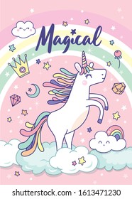Vector illustration of a magical unicorn with rainbow and clouds background.