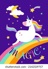 Vector illustration of a magical unicorn with rainbow and clouds background. Poster with text Magic . EPS