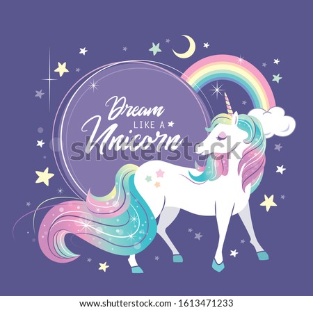 Vector illustration of a magical unicorn with rainbow and clouds background. Poster with text "Dreams like a Unicorns".