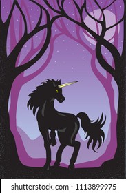 vector illustration of a magical unicorn in the woods at night, the mythical picture of the magical forest