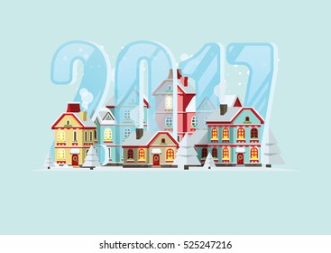 vector illustration. magical winter panorama of the city on sunny day. festive graphic design for New Year and Merry Christmas 2017 holiday village lights. festive gift cards template.