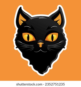 Vector illustration of magical Witch Black Cat with white outline for print stickers on orange background. Holiday funny spooky character. Groovy boho magic design. Hand drawn Halloween vibes clipart.