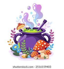 Vector illustration of magical witch's cauldron bubbling with glowing potion, surrounded by mushrooms and flowers