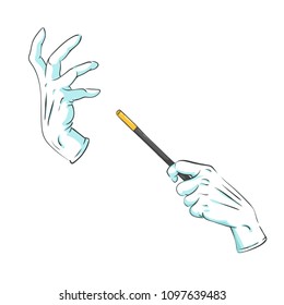 Vector illustration of magician hands in gloves with a magic wand performing a focus, isolated on white with copy space