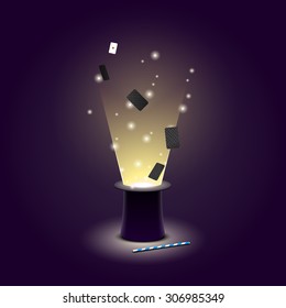 Vector illustration of Magician hat with flying playing cards and light and magic wand