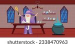 Vector illustration of a magician and his dwelling made in cartoon style Book of spells, various potions and their preparations. Magic, light and dark forces.