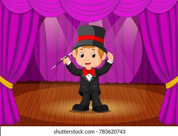 Vector illustration of magician performing on a stage