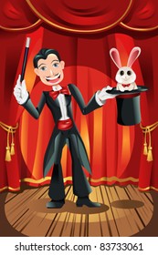 A vector illustration of a magician performing on a stage