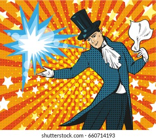 Vector illustration of magician performing trick. Illusions magic show or circus show design element in retro pop art comic style.