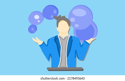 Vector illustration. The magician plays several purple balls that range in size from small to large on a bluish green background.