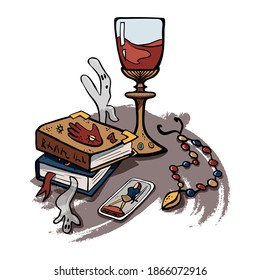Vector illustration of magician's table with magic attributes (spellbooks, spirits, blood, medallion, tarot card). Composition of colorful mysterious objects, workspace for fortune telling and sorcery