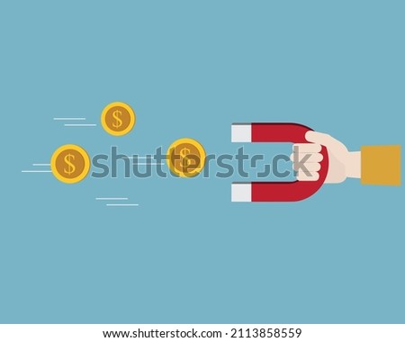 Vector illustration magnet attracing money or crypto coin. Man holding magnet to attract coins. Investment, profit, passive income.
