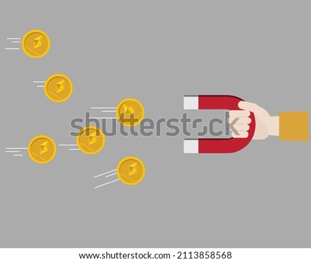 Vector illustration magnet attracing money or crypto coin. Man holding magnet to attract coins. Investment, profit, passive income.