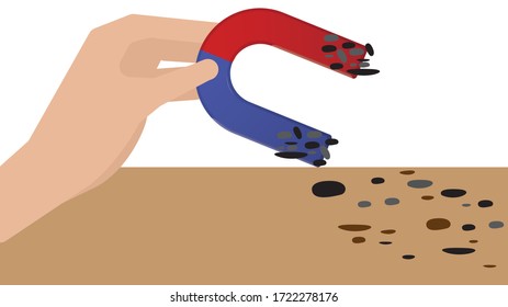 Vector Illustration of an Magnet Iron Dust Experiment, Separation of Mixtures for Online Education Material
