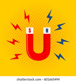 Vector illustration of the magnet with the magnetization. Magnet on yellow backgroung