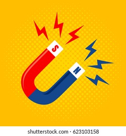 Vector illustration of the magnet with the magnetization. Magnet on yellow halftone backgroung.