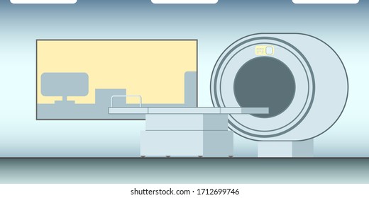 Ilustración vectorial de la sala de máquinas de imágenes de resonancia magnética en el hospital
