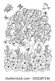  Ilustración vectorial. Árbol magnífico rodeado de flores. Libro coloreado. Lucha contra el estrés para adultos y niños. Blanco y negro.