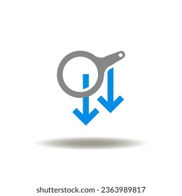 Vector illustration of magnifier and arrows down. Icon of fall analysis. Symbol of analyze of crash, crisis.