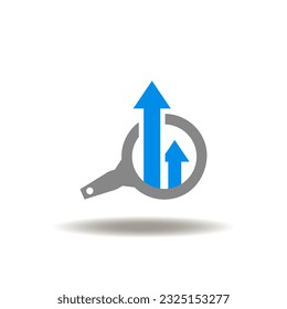 Ilustración vectorial de la lupa y flechas hacia arriba. Icono de análisis de inversión. Símbolo de análisis de crecimiento de inversión.