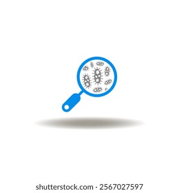 Vector illustration of magnifier bacterium. Symbol of bacterium, viruses research. Icon of inflammation, infectious test. Pictogram of microorganism microscopic analysis.