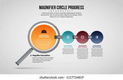 Ilustración vectorial del elemento de diseño de infografía de progreso del círculo de la lupa.