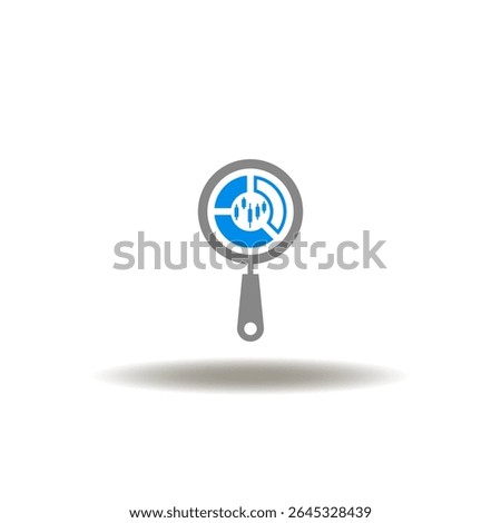 Vector illustration of magnifier with diagram chart and candle sticks. Symbol of RSI Relative Strength Index. Icon of finance trade investment analysis. Sign of financial analytics.