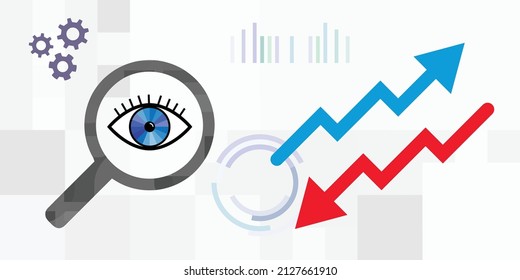 vector illustration of magnifier with eye and increase and decrease arrows for trend watch