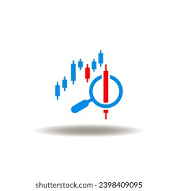 Vector illustration of magnifier and falling candlestick graph. Icon of stock exchange. Sign of analysis crisis. Symbol of margin call.