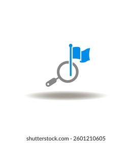 Vector illustration of magnifier and flag. Symbol ofonboarding. Icon of mission win.