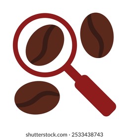 Vector illustration of a magnifier glass investigating coffee beans in solid cartoon style. Coffee-themed event, a cafe menu element, a coffee shop advertisement, a coffee-related blog post