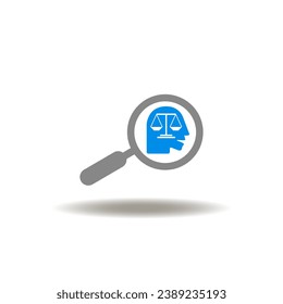 Vector illustration of magnifier and head with scales. Icon of code of conduct. Symbol of ethics and human rights.