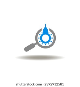 Vector illustration of magnifier and light bulb. Icon of idea search. Symbol of big idea formation.