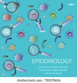 Vector illustration of magnifier and microbes. Vector epidemiology concept banner with magnifier and many different microbes