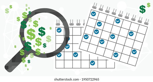vector illustration of magnifier money and calendar for regular payments tracking and control