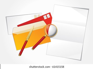Vector illustration of magnifier, paper knife and layout letter.