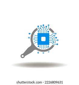 Vector illustration of magnifier with processor. Symbol of computer electronics hardware analytics. Icon of high tech.