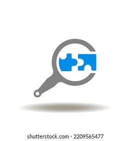 Vector illustration of magnifier with puzzle pieces. Icon of problem solving solution. Symbol of idea solution search.