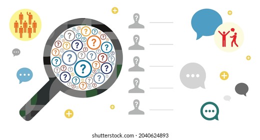vector illustration of magnifier question marks and people silhouettes for social surveys