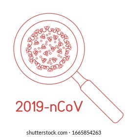 Vector illustration Magnifier, research Chinese corona virus ncov, search for a cure. China pathogen respiratory coronavirus 2019-nCoV SARS pandemic risk alert Medicine Protect Design for web, print