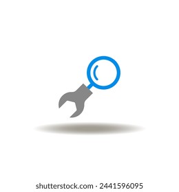 Vector illustration of magnifier with wrench. Icon of maintenance, repair service. Symbol of testing.