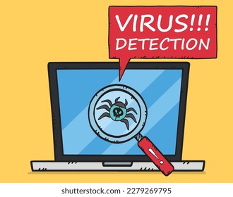 Vector illustration of a magnifying glass detecting a computer virus on a laptop screen. A caption about virus detection also appears. Hand-drawn illustration.
