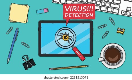 Ilustración vectorial de una lupa que detecta un virus en la pantalla de un tablet. Una tableta se sienta en un escritorio de una oficina. Ilustración dibujada a mano.
