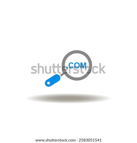 Vector illustration of magnifying glass with dot com. Symbol of dot com domain name registration.