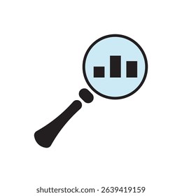 Vector illustration of magnifying glass examining a bar chart. Suitable for business analytics, research, and statistics.